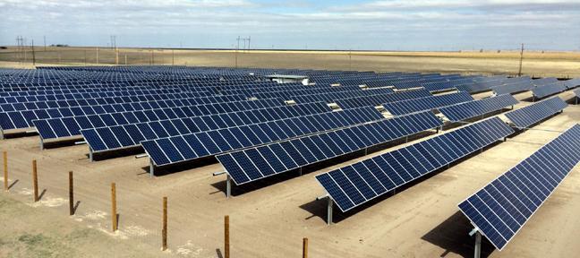 3,960 solar array panels are mounted on steel tracking structures at the Midwest Energy Community Solar Array in Colby, Kan.